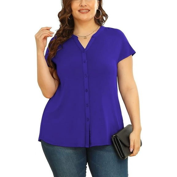 Daystry Women's Plus Size Button Down Short Sleeve Shirt Business Casual V Neck Tops Royal Blue-4X