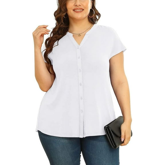 Daystry Women's Plus Size Button Down Short Sleeve Shirt Business Casual V Neck Tops White-1X