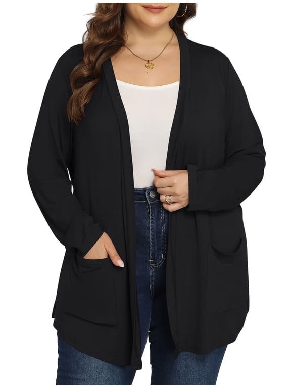 Women's Plus Size Open Front Casual Long Sleeve Lightweight Drape Cardigans Soft with Pockets