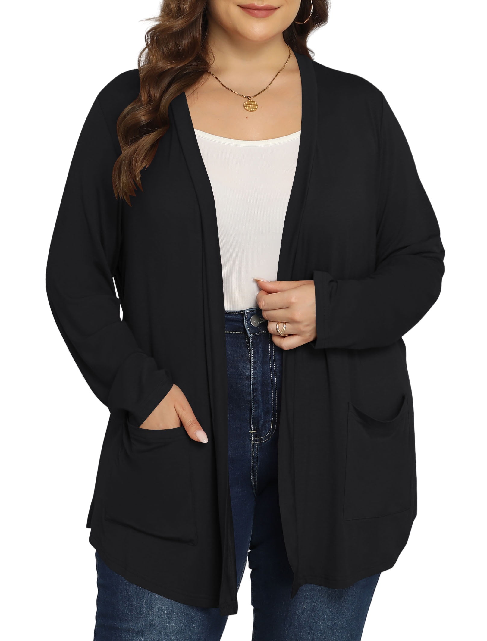 Women's Plus Size Open Front Casual Long Sleeve Lightweight Drape Cardigans Soft with Pockets