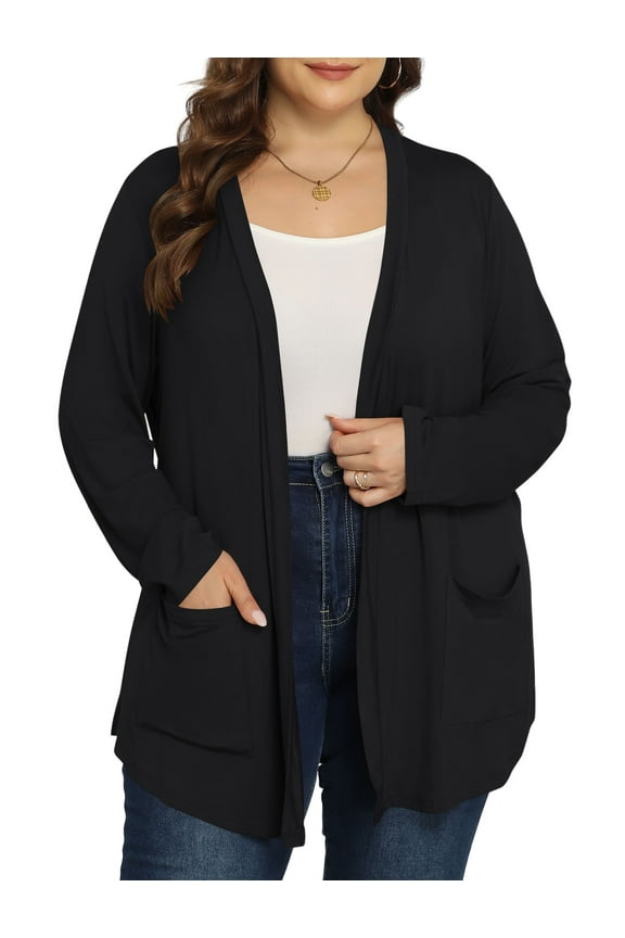 Women's Plus Size Open Front Casual Long Sleeve Lightweight Drape Cardigans Soft with Pockets