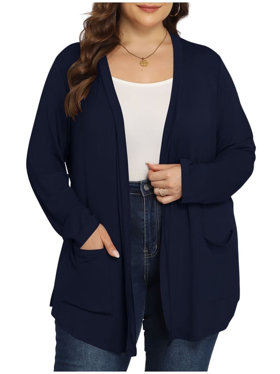 Women's Plus Size Open Front Casual Long Sleeve Lightweight Drape Cardigans Soft with Pockets