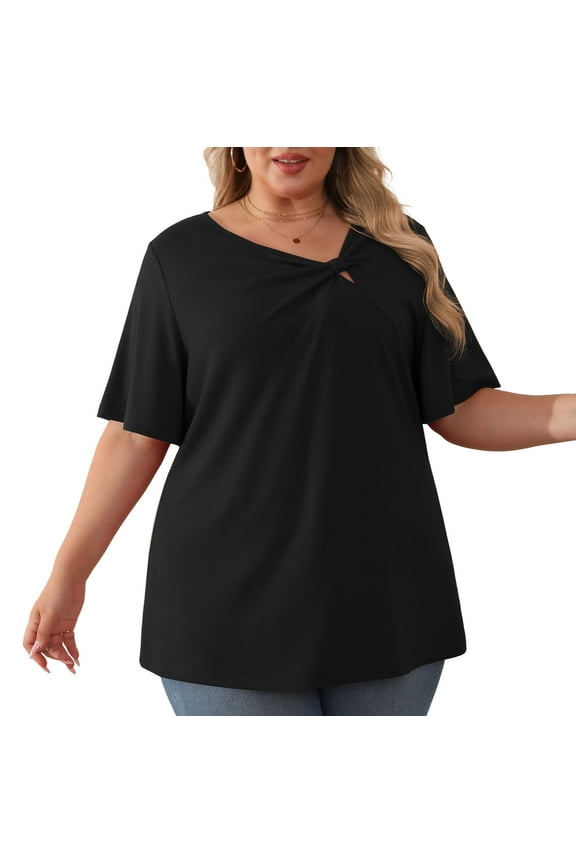 Women's Plus Size Short-Sleeve Tie Tops Tunic Wrap Sweetheart Lightweight Tee