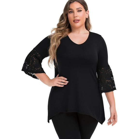 Daystry Women's Plus Size Top 3/4 Sleeve Shirt Dressy Tunic Blouse Black-2X