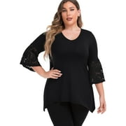 Daystry Women's Plus Size Top 3/4 Sleeve Shirt Dressy Tunic Blouse Black-3X