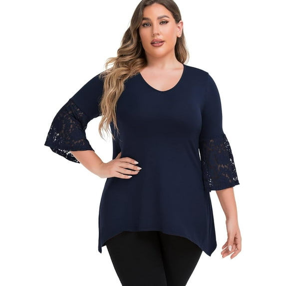 Daystry Women's Plus Size Top 3/4 Sleeve Shirt Dressy Tunic Blouse Navy Blue-2X