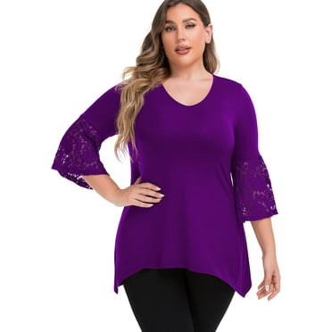 Daystry Women's Plus Size Top 3/4 Sleeve Shirt Dressy Tunic Blouse Purple-2X