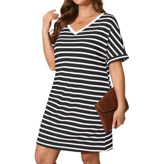 Daystry Women's Plus Size Striped Fashion V Neck Loose Short Sleeve T Shirt Dress with Pocket for Women