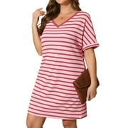 DAYSTRY Women's Striped Fashion V Neck Loose Short Sleeve T Shirt Dress with Pocket for Women