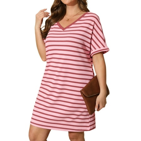 Daystry Women's Striped Fashion V Neck Loose Short Sleeve T Shirt Dress with Pocket for Women