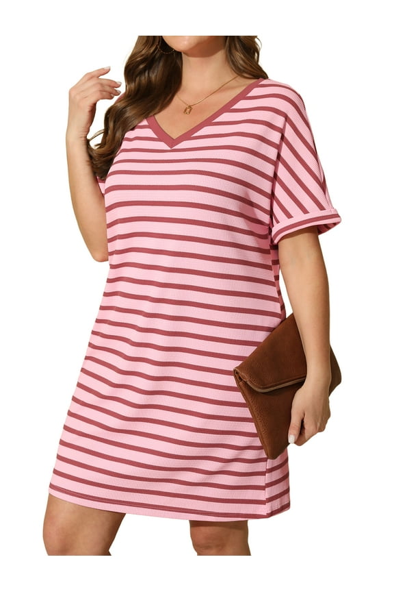 Women's Striped Fashion V Neck Loose Short Sleeve T Shirt Dress with Pocket for Women