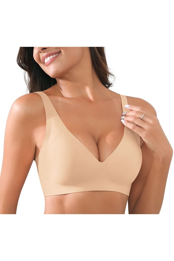 Womens Comfortable No Underwire Deep V Bras 360° Jelly Strip Wireless Soft Bra with Bra Extender