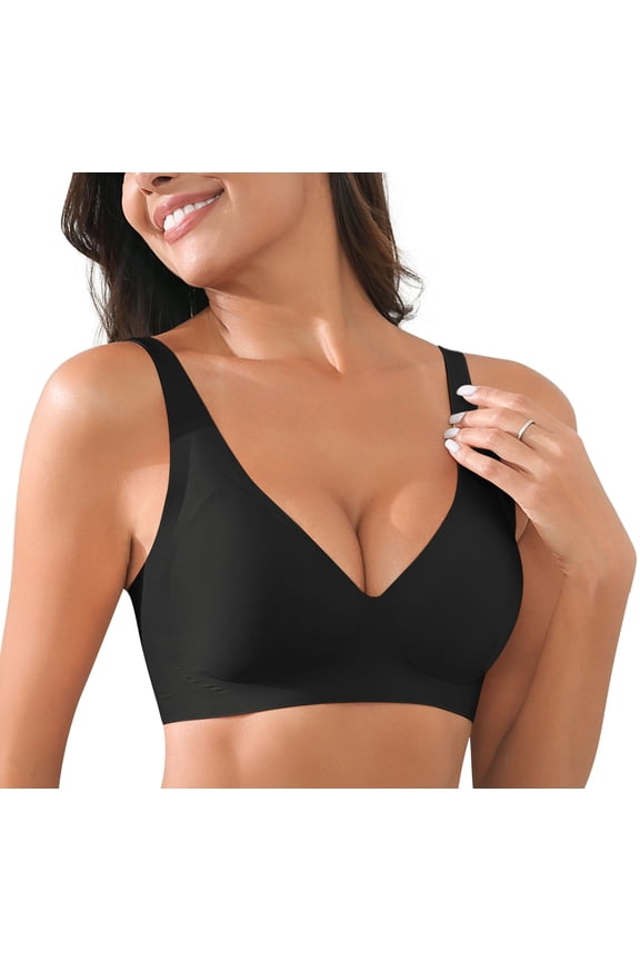 Womens Comfortable No Underwire Deep V Bras 360° Jelly Strip Wireless Soft Bra with Bra Extender