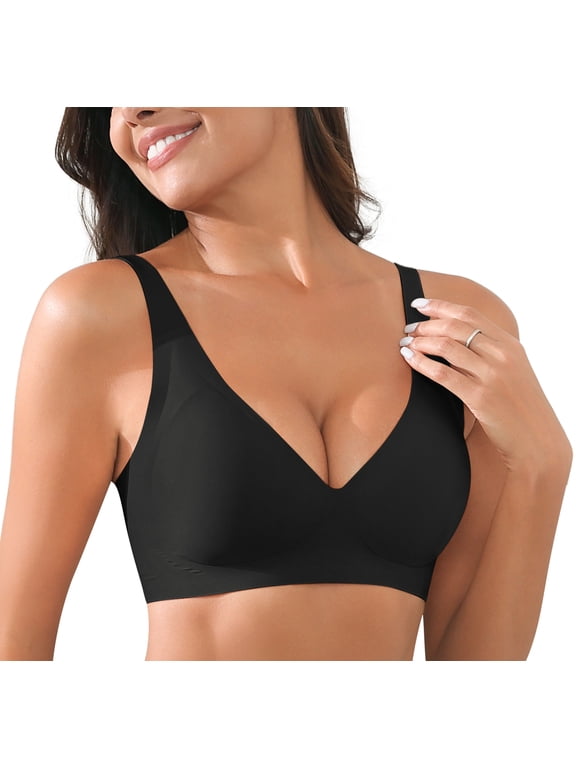 Womens Comfortable No Underwire Deep V Bras 360° Jelly Strip Wireless Soft Bra with Bra Extender