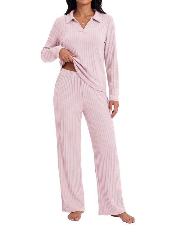 Womens Pajama Set 2 Piece Home Loungewear Soft Stretchy Long Sleeve Top and Pants with Pockets for Indoor & Outdoor Casual Wear