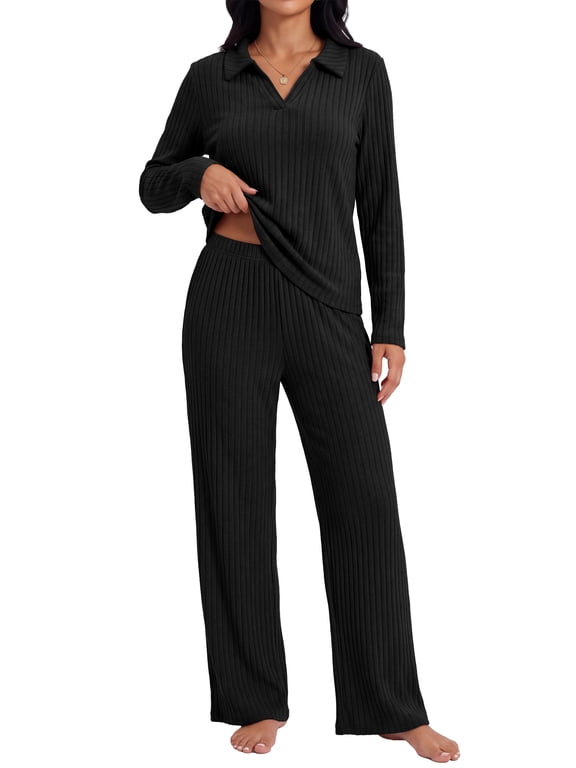 Lounge Sets for Women Knit Long Sleeve Tops and Long Pants Soft Comfy Pajamas Set 2 Piece Outfits S-2XL