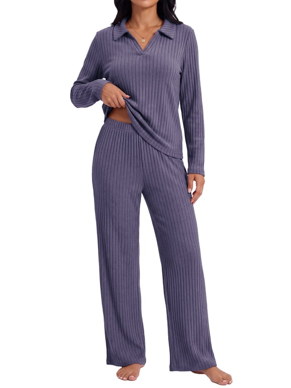 Lounge Sets for Women Knit Long Sleeve Tops and Long Pants Soft Comfy Pajamas Set 2 Piece Outfits S-2XL