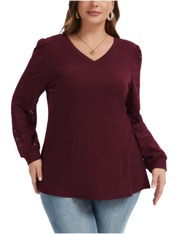 Womens Plus Size Blouses for Women Dressy Lace Long Sleeve Shirts Casual V Neck Tunic Tops