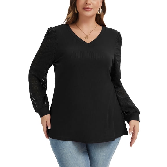 Daystry Womens Plus Size Blouses for Women Dressy Lace Long Sleeve Shirts Casual V Neck Tunic Tops