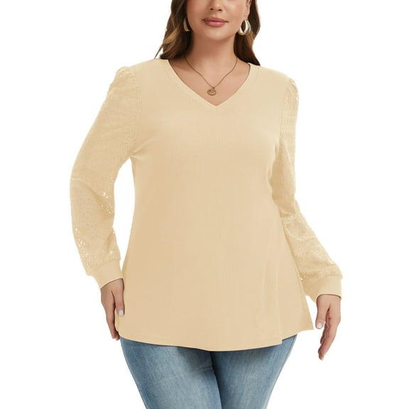 Daystry Womens Plus Size Long Sleeve Lace Tops Waffle Knit V-Neck Business Casual Loose Blouses Tee