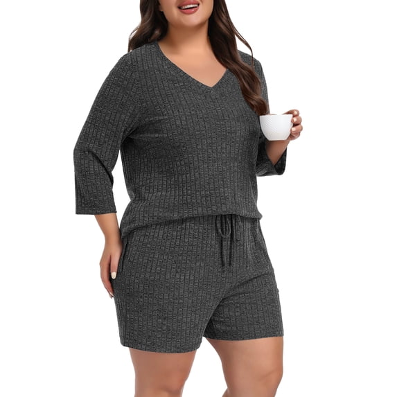 Daystry Womens Plus Size Pajama Sets 2 Piece Summer 3/4 Sleeve Tops Shorts with Pockets for Lounge Sleepwear L-4XL