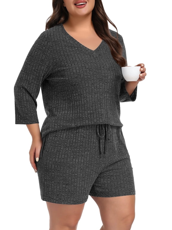 Womens Plus Size Pajama Sets 2 Piece 3/4 Sleeve Tops Shorts with Pockets for Lounge Sleepwear L-4XL