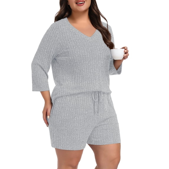 Daystry Womens Plus Size Pajama Sets 2 Piece Summer 3/4 Sleeve Tops Shorts with Pockets for Lounge Sleepwear L-4XL