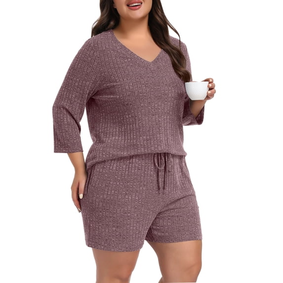 Daystry Womens Plus Size Pajama Sets 2 Piece Summer 3/4 Sleeve Tops Shorts with Pockets for Lounge Sleepwear L-4XL