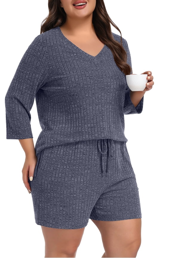 Womens Plus Size Pajama Sets 2 Piece Summer 3/4 Sleeve Tops Shorts with Pockets for Lounge Sleepwear L-4XL