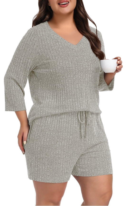 Womens Plus Size Pajama Sets 2 Piece Summer 3/4 Sleeve Tops Shorts with Pockets for Lounge Sleepwear L-4XL