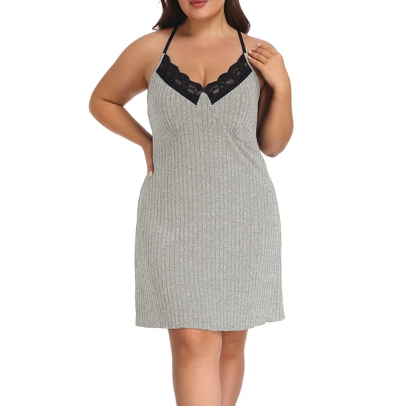 Daystry Womens Plus Size Nightgown Pajamas Ribbed Nightgown V-Neck Loungewear Dress Lace-Trimmed Spaghetti-Strap All-Season Style L-4XL
