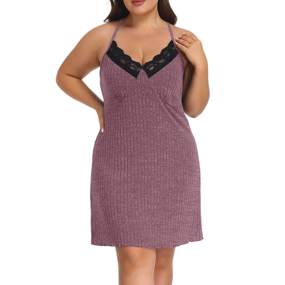 Daystry Womens Plus Size Nightgown Pajamas Ribbed Nightgown V-Neck Loungewear Dress Lace-Trimmed Spaghetti-Strap All-Season Style L-4XL