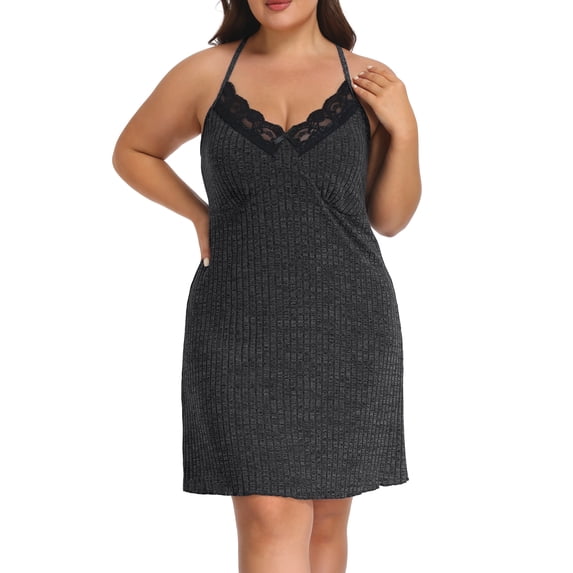 Daystry Womens Plus Size Nightgown Pajamas Ribbed Nightgown V-Neck Loungewear Dress Lace-Trimmed Spaghetti-Strap All-Season Style L-4XL