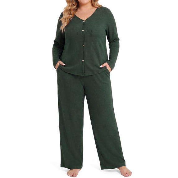 Daystry Womens Plus Size Pajama Sets 2 Piece Fall Winter Button Down Long Sleeve Pants with Pockets for Lounge Sleepwear