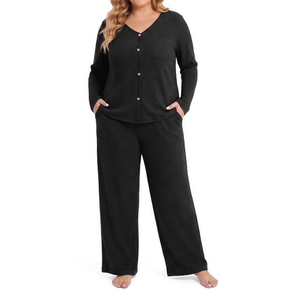 Daystry Womens Plus Size Pajama Sets 2 Piece Fall Winter Button Down Long Sleeve Pants with Pockets for Lounge Sleepwear