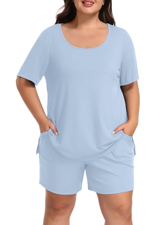 Womens Plus Size Pajama Sets 2 Piece Summer Short Sleeve Tops Shorts with Pockets for Lounge Sleepwear L-4XL