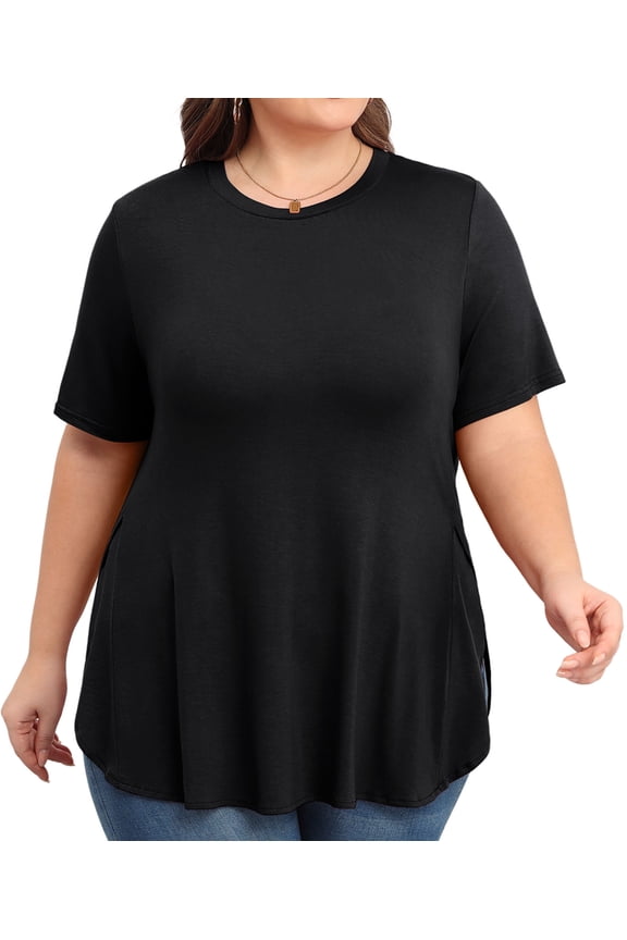 Womens Plus Size Short Sleeve Casual Loose Fit Flare Swing Tunic Tops Round Neck Jersey Plit Side T-Shirt Black XL