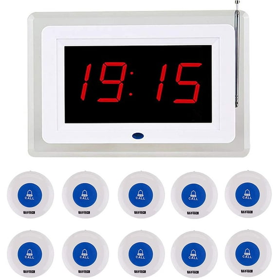 Daytech Calling System with Caregiver Pager & Medical Call Button, 10 Pagers, Retail Packaging, Display Receiver for Clinic Hospital