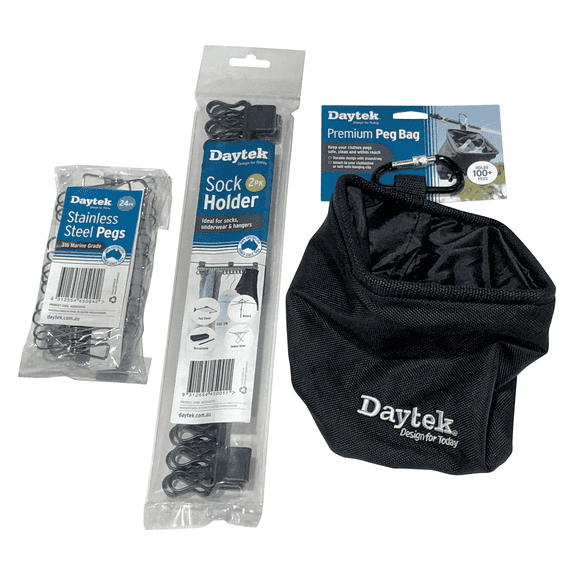 Daytek Clothesline Accessory Pack, Stainless Steel Clothespins, Premium Clothespin Bag & Sock Holders