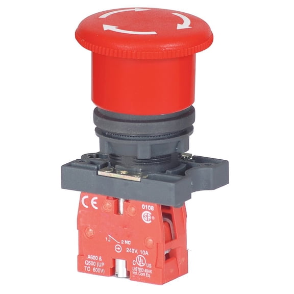 Dayton 30G252 E-Stop Push Button, Non-Ill, 22Mm, 1Nc, Red J101