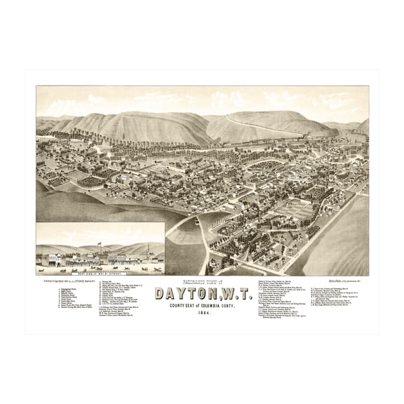 Dayton Art, 1884 Vintage Map of Dayton Washington, WA History Wall Decor Gift, Old Dayton Map - 24" x 18" Unframed Print