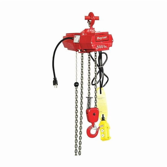 Electric Chain Hoist, 500 lb, 10 ft, Hook Mounted - No Trolley, 115V AC, Red 4GU71