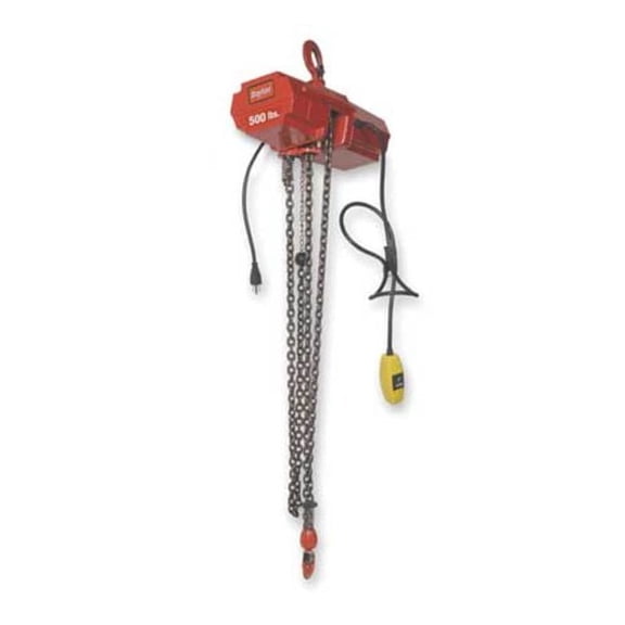 Electric Chain Hoist, 800 lb, 10 ft, Hook Mounted - No Trolley, 115V AC, Red