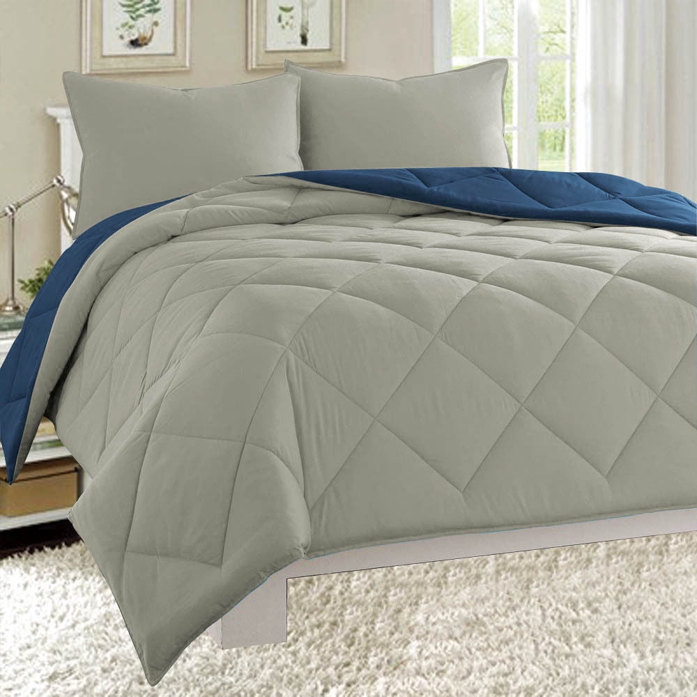 Dayton King Size 3-Piece Reversible Comforter Set Soft Brushed Microfiber Quilted Bed Cover Gray & Navy