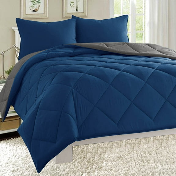 Dayton King Size 3-Piece Reversible Comforter Set Soft Brushed Microfiber Quilted Bed Cover Navy & Gray