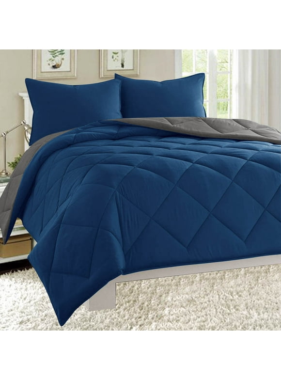 Dayton Queen SIze 3-Piece Reversible Comforter Set Navy & Gray