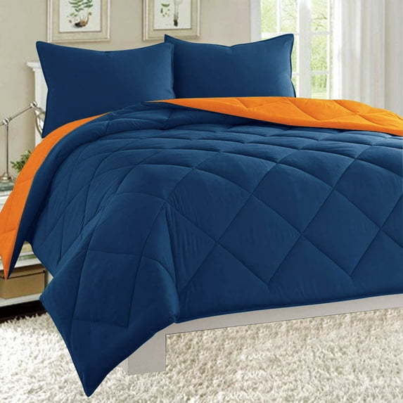 Dayton Queen Size 3-Piece Reversible Comforter Set Soft Brushed Microfiber Quilted Bed Cover Navy & Orange