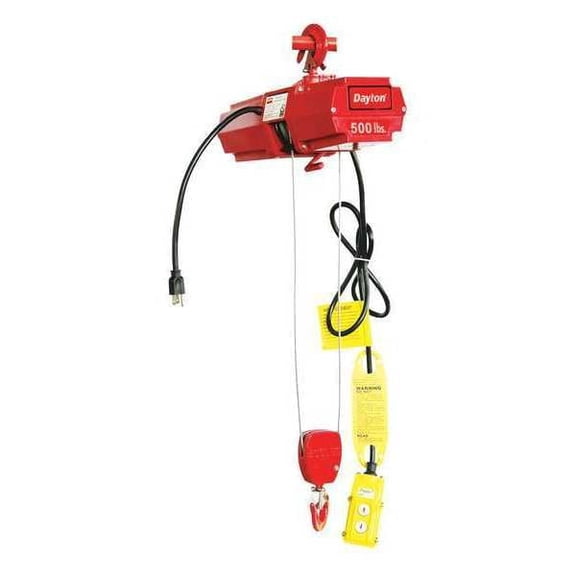 Electric Wire Rope Hoist, 500 lb, 10 ft, Hook Mounted - No Trolley, 115V AC, Red