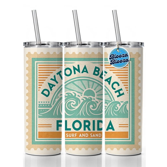 Daytona Beach FL Florida Surf and Sand Travel Vacation Stamp 20oz Insulated Water Bottle Skinny Tumbler Includes Straw