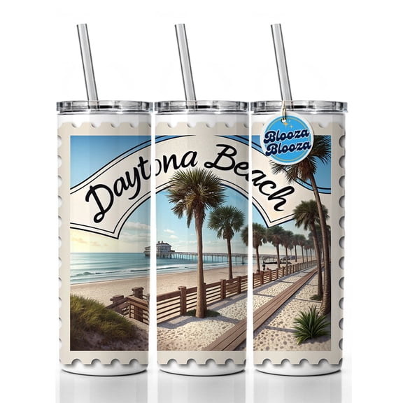 Daytona Beach, Florida FL Travel City State Stamp 20oz Insulated Water Bottle Skinny Tumbler Includes Straw
